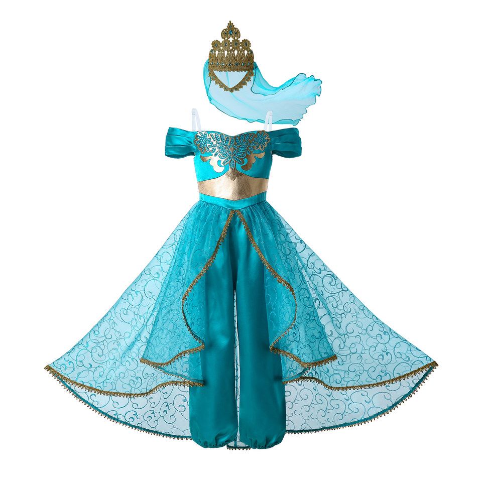 Summer Jasmine Princess Dress Up Costume Cosplay Aladdin Halloween Party Fantasy Kids Clothes For Girls Crown Veil