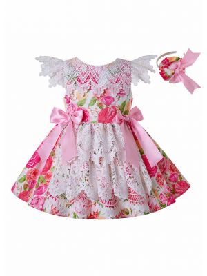 New Princess Flower With Pink Bows Summer Lace Girl Dress + Handmade Headband  