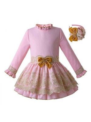 Newest Girl Party Dress With Pink Headband Long Sleeve Lace Dress