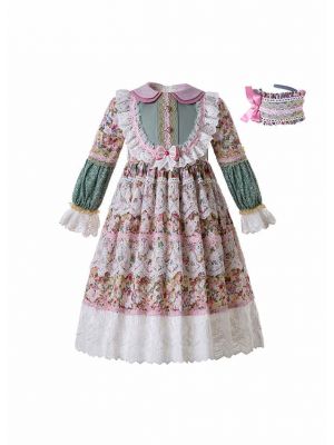 Lace Boutique Flower Embroidered Printed Doll Collar Girls Dress With Headband