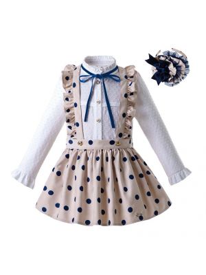 Girls Long Sleeve White Blouse With Blue Dot Khaki Skirt