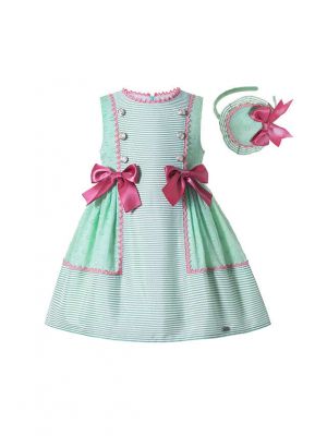 Girls Green Striped Plain Dyed Preppy Style Summer Boutique Dress With Bows + Hand Headband