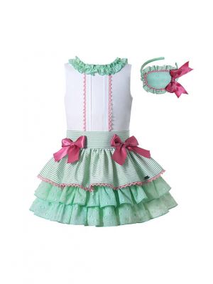 Summer Boutique Girls Ruffled White Shirt + Princess Layer Skirt +Hand Headband