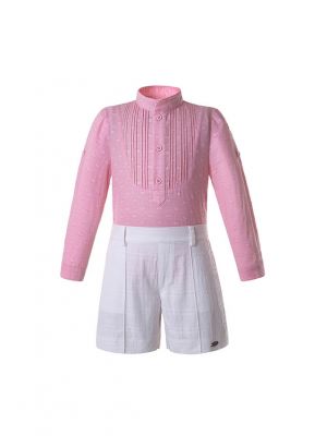 Pink Boys Clothing Set Stand Collar With Pleated Shirt And white Shorts Kids Clothes