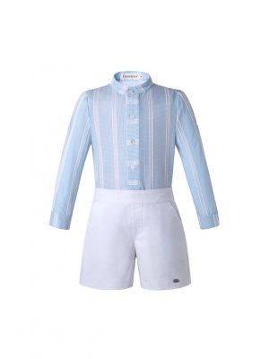 Light Blue Stripe Stand Collar Boy Clothing Set + White Shorts