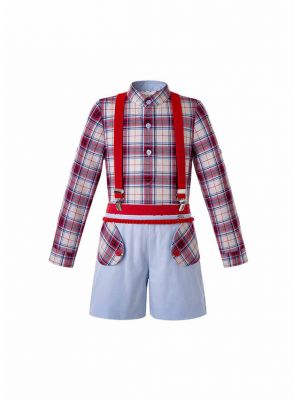 Boy's Autumn Suit Plaid Shirt + Strap Shorts