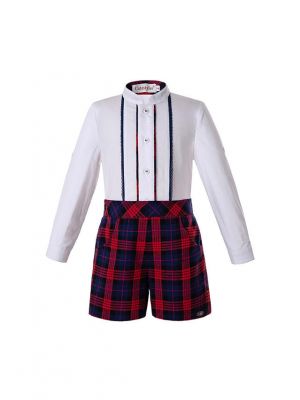 Autumn Boys Clothing Sets White Shirt + Red Grid Shorts