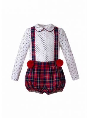 Boys Clothing Set Stand Collar White Polka Dot Shirt + Red Grid Strap Shorts