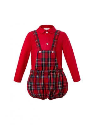 2019 Red Boutique Toddler Boys Clothing Set Red Shirt + Grid Suspenders Pants