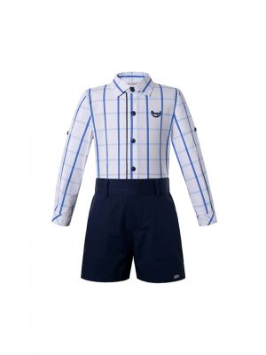 Easter Boys Clothing Sets Blue Grid Shirt + Black Shorts