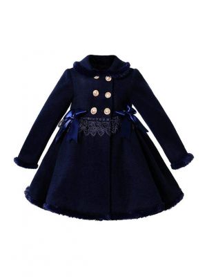 Sweet Navy Blue Girls Coat with Lace and Bows