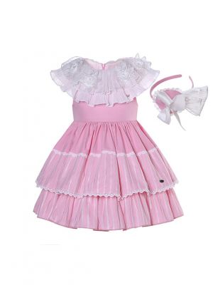 Double-layer ruffle embroidered collar Sweet Pink A-line Dress + Handmade Headband