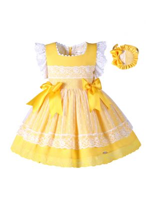 Girls Easter Summer Yellow Cotton Dress + Handmade Headband                          