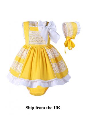 (UK ONLY)3 Pieces Babies Easter Yellow Cotton Dress +Bloomers + Cute Bonnet