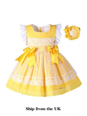 (UK ONLY)Girls Easter Yellow Cotton Dress + Handmade Headband