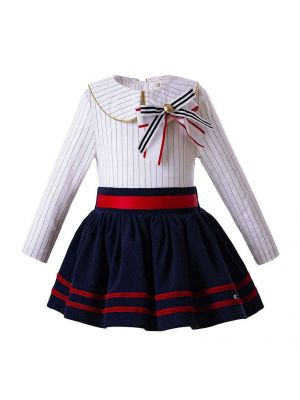 Striped England Style Clothing Sets Blouse + Royal Blue Skirt