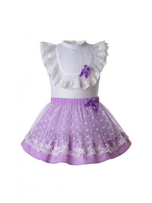 Purple Heart-shape Mesh Flower babies Clothing Set White Shirt + Purple Skirt