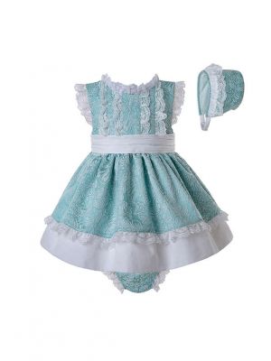 3 Pieces Mint Green Slubbed Cotton Jacquard Baby Dress  +  Bloomers  + Bonnet