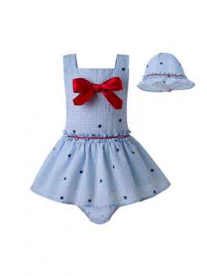 3 Pieces Babies Red Bow Ruffled Boutique Princess Outfits + Light Blue Bloomers + Hat