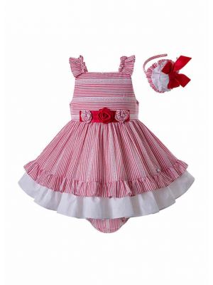Red Stripe Toddler Babies Summer Clothes Set + Bloomers + Bonnet
