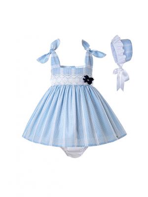 3 Pieces Cute Bows Babies Matched Flower Princess Outfits + Light Blue Bloomers + Hat