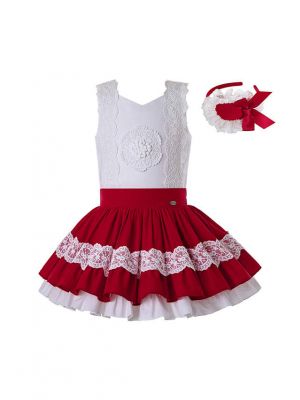 2020 Summer Girls Clothing Set Red Lace Shirt + Red Princess Skirt +Hand Headband