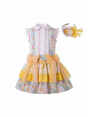 2020 Easter Ruffled Flower Print Boutique Dress + Hand Headband