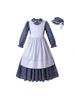 3 Pieces Flower Printed Royal Blue Long Elegant Frocks Halloween Costumes + Hat