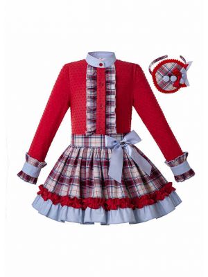 3 Pieces Girl Autumn Red Cut-Flower Cotton Top + Plaid Ruffle Skirt + Handmade Headband