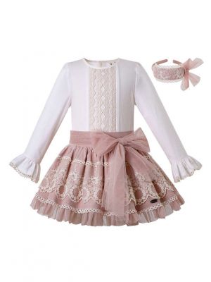 3 Pieces Girls Autumn Light Pink Cotton Top + Lace Skirt + Hand Headband