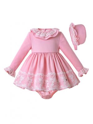 3 Pieces Babies Light Pink Autumn Lace Dress + Bloomers + Cute Bonnet