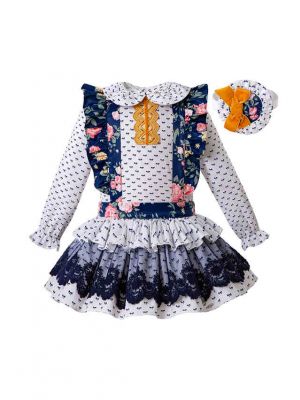3 Pieces Babies Doll Collar Outfits + Floral Embroidery Lace Ruffled Dress + Hand Headband