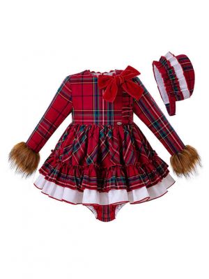 3 Pieces Babies Faux Fur Sleeve Vintage Vestidos Plaid Elegant Princess Dress + Bloomers + Hat