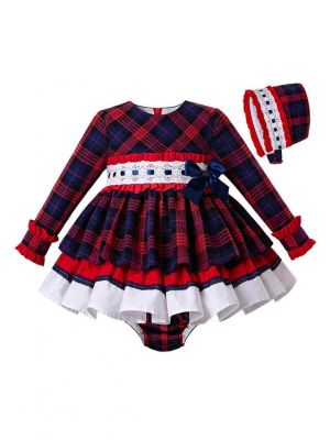 3 Pieces Babies Princess Party Kids Red Grid Dress + Bloomers + Bonnet