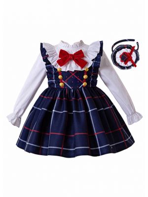 Sweet Bow Blue Grid Suspender Girl Dress + White Blouse + Hand Headband