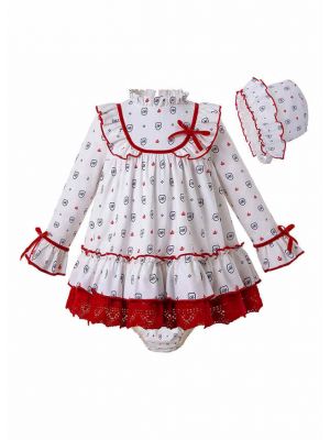 3 Pieces Autumn White Print Kids Babies With Red Bow Dress + Bloomers + Hat