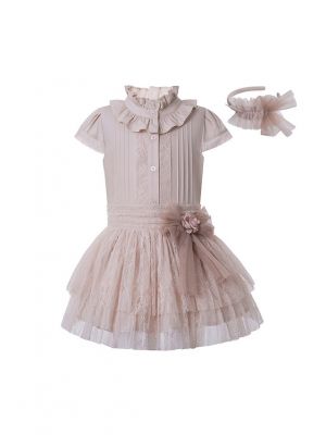 Girls Summer Beige Bow Lace Shirt + England Style Princess Skirt +Hand Headband