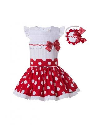 Boutique Preppy Style Girls White Shirt With Sweet Bow + Princess Party Red Dot Skirt +Hand Headband
