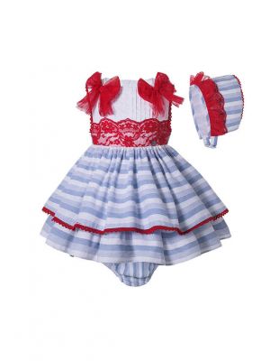 3 Pieces Babies Summer Lace Preppy Style Dress With Bows + Cute Bloomers + Hat