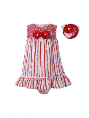 3 Pieces Babies Red Striped Princess Ruffles Outfit + Cute Bloomers + Hand Headband