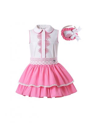 Boutique Summer Girls Doll-Collar White Lace Shirt + Solid Pink Princess Skirt +Hand Headband