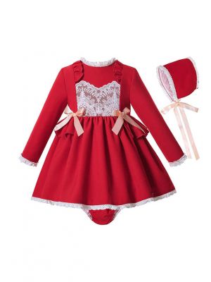 Sweet Babies Red Ruffle Lace Dress With Ribbon Bows + Bonnet + Bloomers