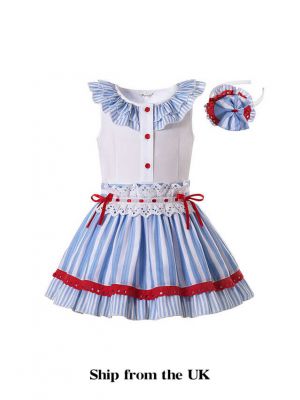 (UK Only) Girls Blue Red White Ruffled Striped Hem Dress + Handmade Headband