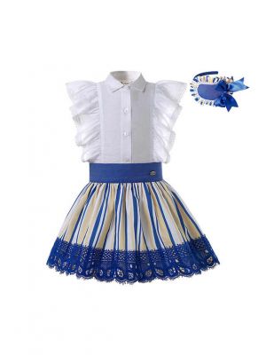 Girls White Shirt + Blue Lace Skirt 2-Piece Summer Clothes Set