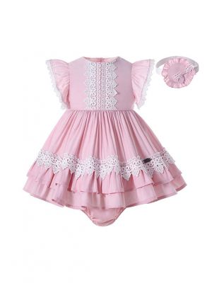 Baby Girls Cutest Summer Lace Pink Dress with Sweet Handmade Headband