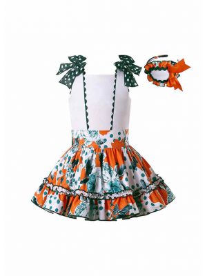 Girls Summer Skirt + White Sleeveless Top + Handmade Headband