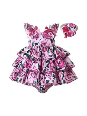 Baby Pink Floral Patterns Dress Set + Handmade Headband