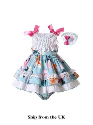 (UK ONLY)Baby Light Blue Lace Easter Floral Dress + Handmade Headband