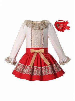Double-layered Collar White Top + Red Skirt Girls Clothes Set with Handmade Headband