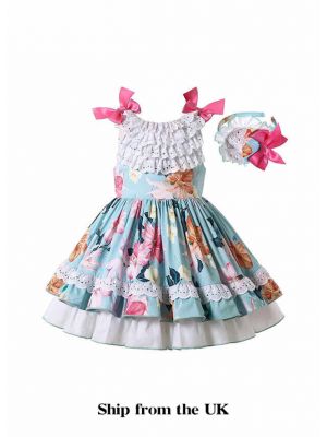 (UK ONLY)Light Blue Lace Easter Floral Dress + Handmade Headband